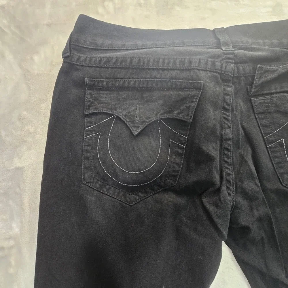 True Religion Straight Leg Jeans Mens 42 Black Denim Horseshoe Flap Pocket